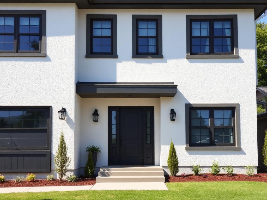 Modern home exterior in white and dark gray