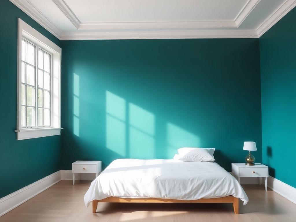 Bedroom with deep teal accent wall